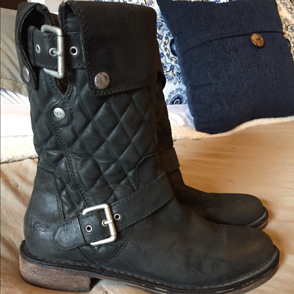 UGG black leather quilted motorcycle boots